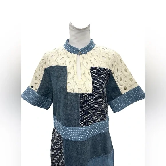 Sea New York Patchwork Cotton Denim And Lace Oversized Mock Neck Mini Dress sz 4 - Picture 5 of 11